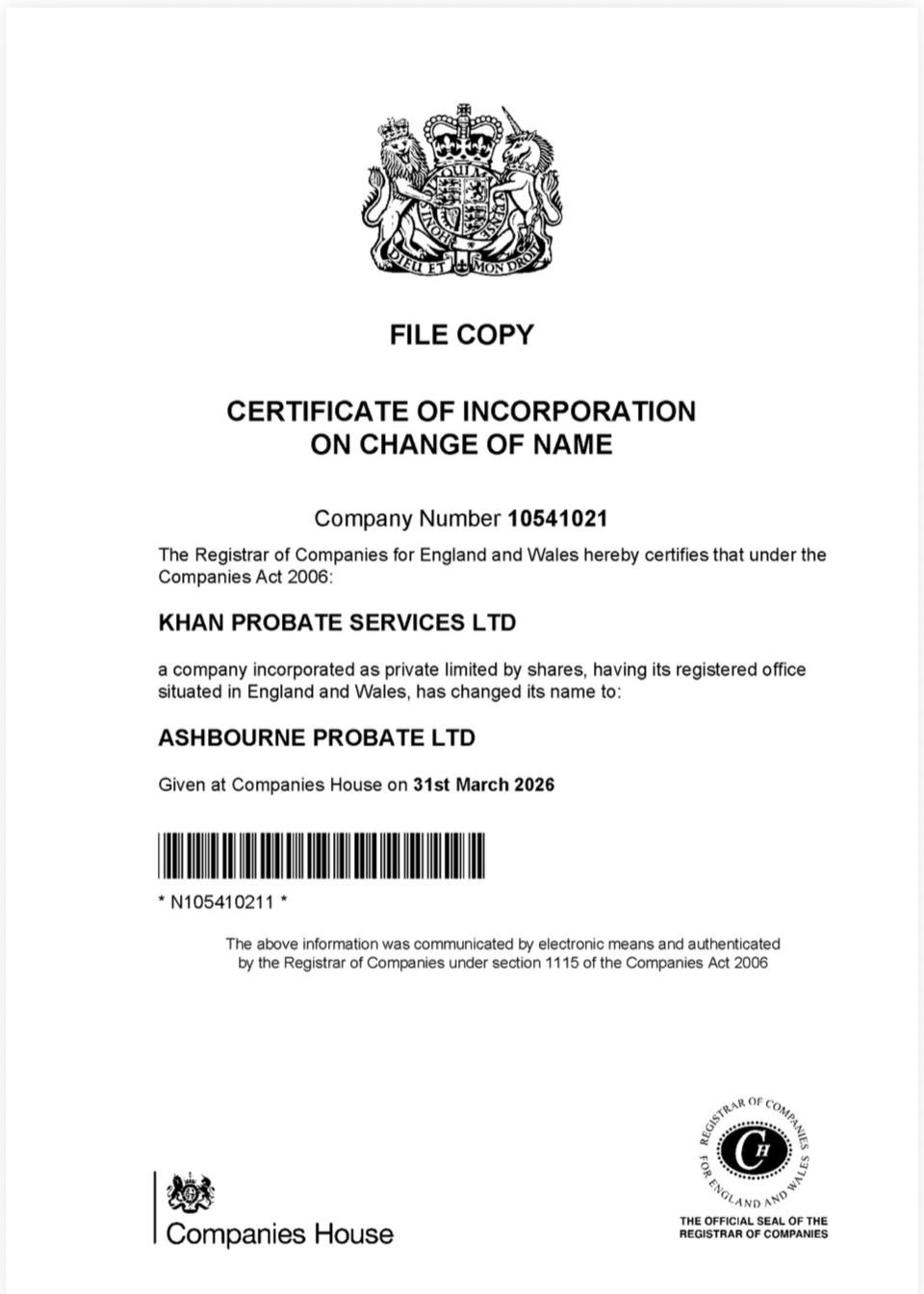 Certificate of incorporation on change of name for Ashbourne Probate Ltd